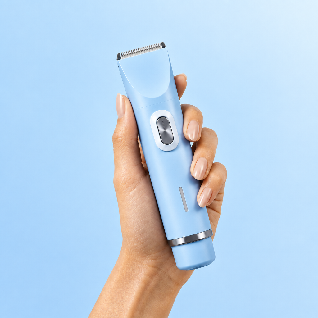 Hand holding blue trimmer